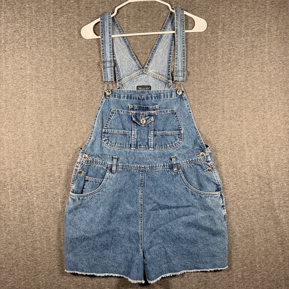Route 66 Shortalls Womens Large Blue Denim Bib Overall Shorts Frayed Hem Y2K VTG